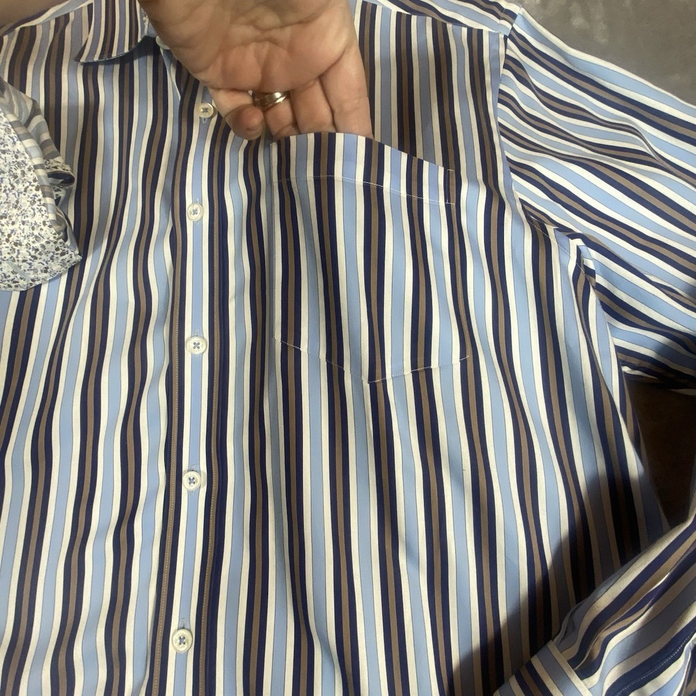 Bugatchi Uomo Shirt XL Flip Cuff Button Up Blue Brown & Striped Unique Contrast‎ - Picture 4 of 9